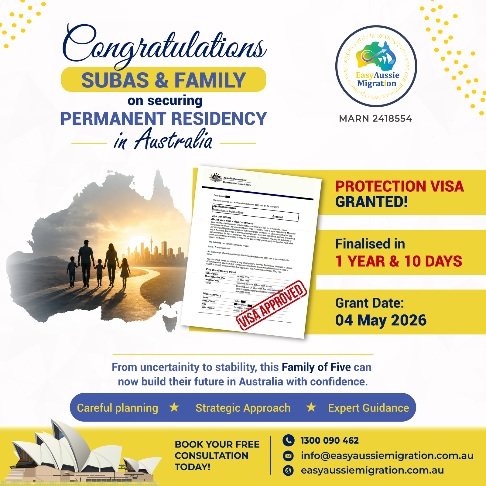Easy Aussie Migration — Protection Visa granted for Subas and Family