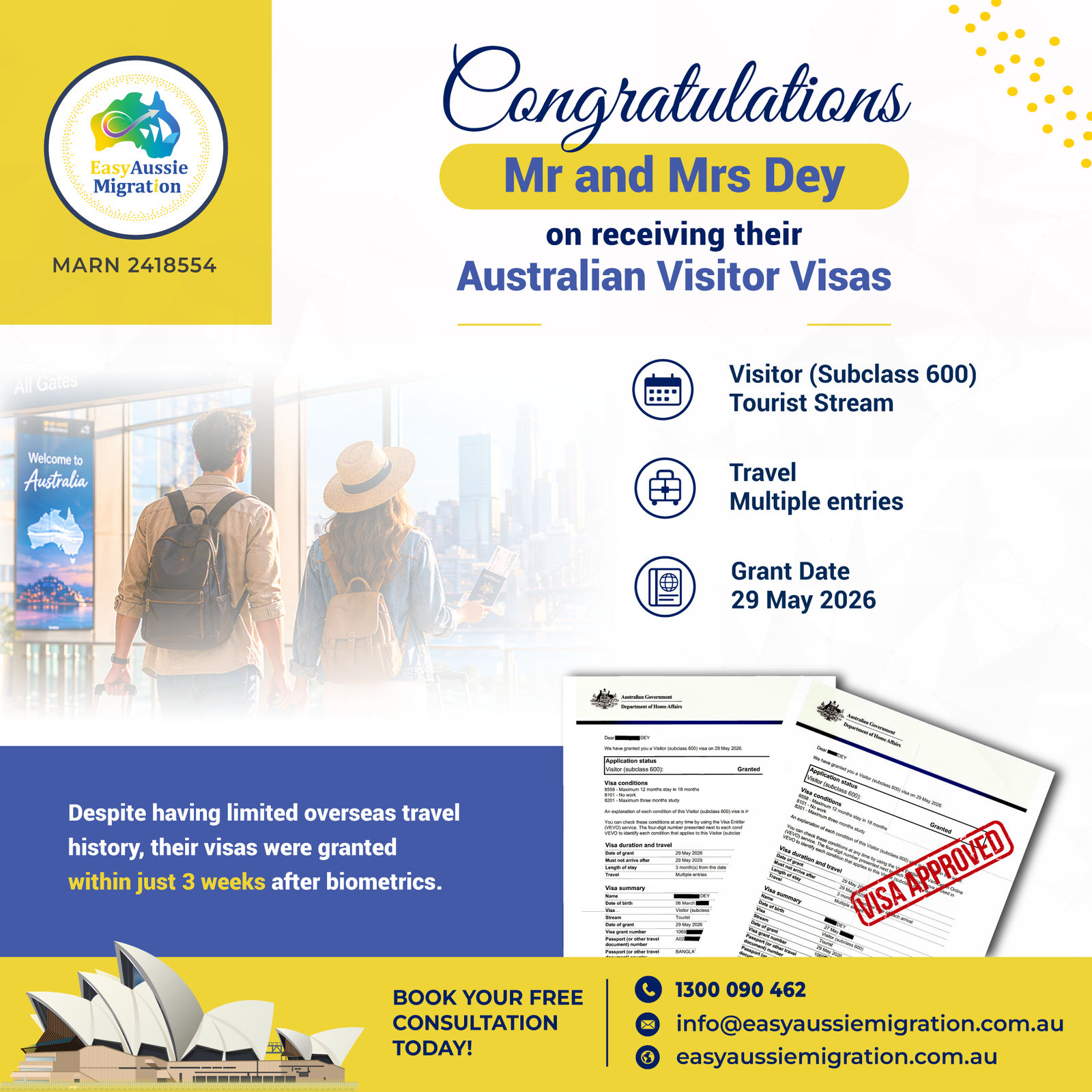 Easy Aussie Migration — Visitor Visa approved for Mr and Mrs Dey